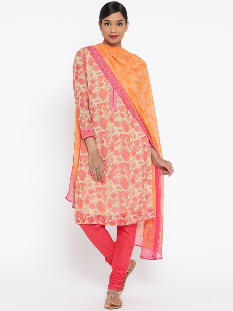 

Biba Coral Pink & Orange Floral Print Churidar Kurta with Dupatta