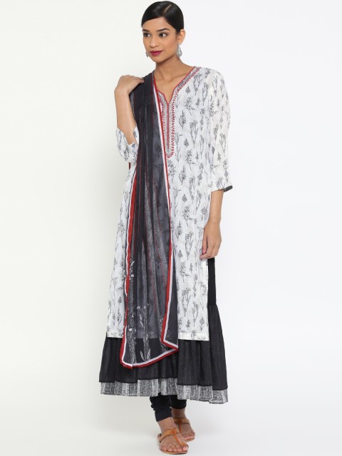 

Biba Off-White & Black Layered Churidar Kurta with Dupatta