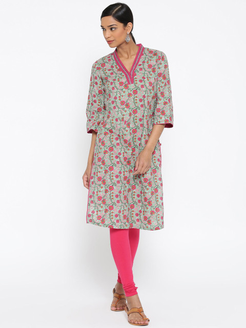 

Biba Women Green Floral Printed Straight Kurta