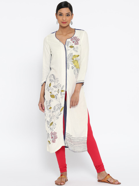 

Biba Women Off-White & Navy Printed Straight Kurta