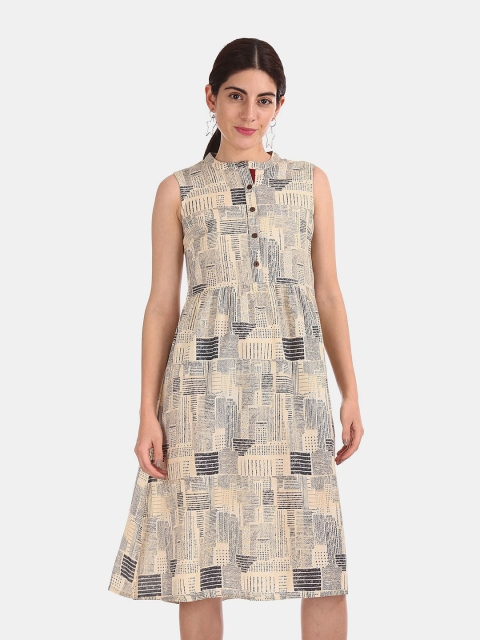 

Bronz Beige & Grey A-Line Printed Dress