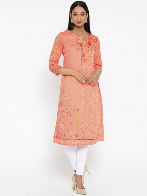 

Biba Women Coral Pink Printed Straight Kurta