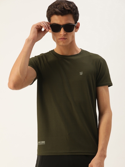 

Sports52 wear Men Olive Green Self Design Applique Dry Fit Training or Gym T-shirt