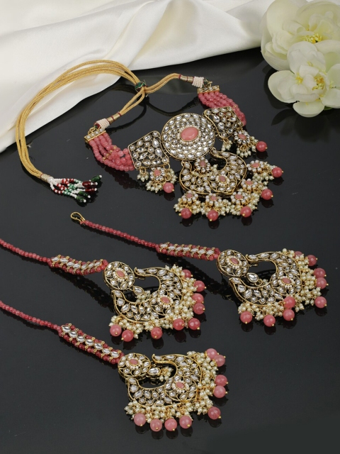 

Priyaasi Gold-Plated Pink & White Kundan Studded Jewellery Set