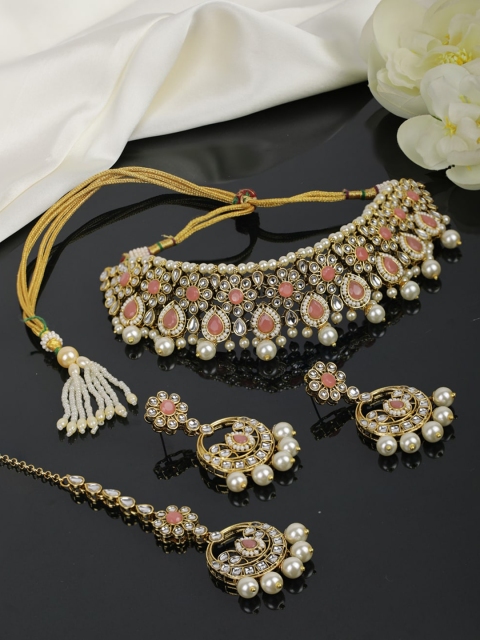 

Priyaasi Gold-Plated Kundan Pink & White Stone-Studded Jewellery Set