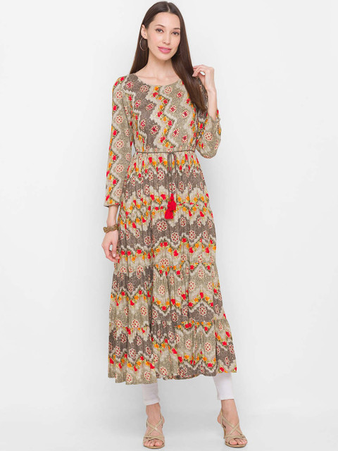 

ZOLA Women Beige & Red Abstract Printed Anarkali Kurta