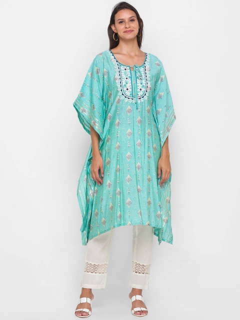 

ZOLA Women Turquoise Blue Floral Embroidered Flared Sleeves Kaftan Kurta