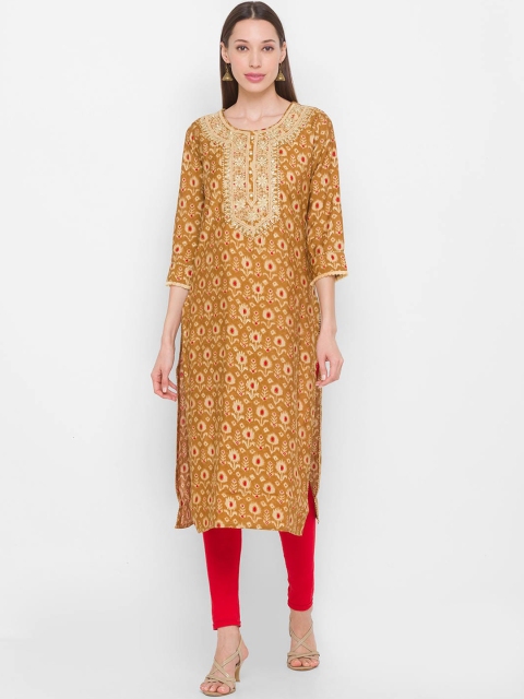 

ZOLA Women Mustard Yellow Keyhole Neck Flared Sleeves Thread Work Kurta