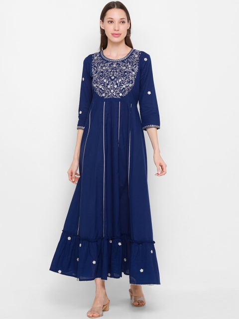 

ZOLA Women Navy Blue & White Embroidered Ethnic Maxi Dress