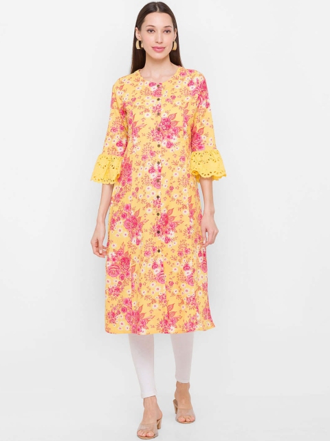 

ZOLA Women Yellow & Pink Floral Printed Bell Sleeves Kurta