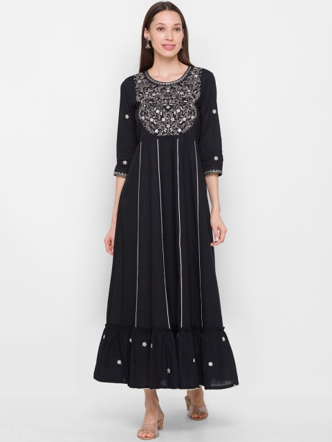 

ZOLA Black Floral Embroidered Ethnic Cotton Maxi Dress