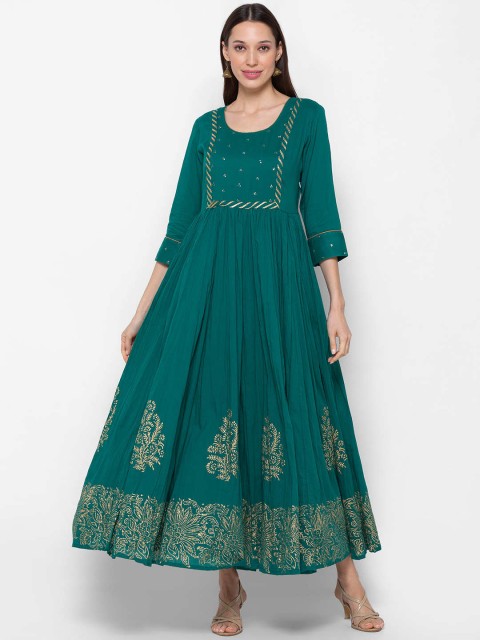 

ZOLA Women Green Embroidered Flared Sleeves Thread Work Anarkali Kurta