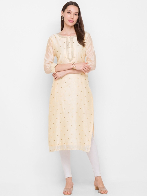 

ZOLA Women Cream-Coloured & Gold-Toned Embellished Chanderi Silk Straight Kurta