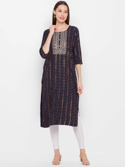 

ZOLA Women Navy Blue & Gold-Toned Ethnic Motifs Printed Straight Kurta