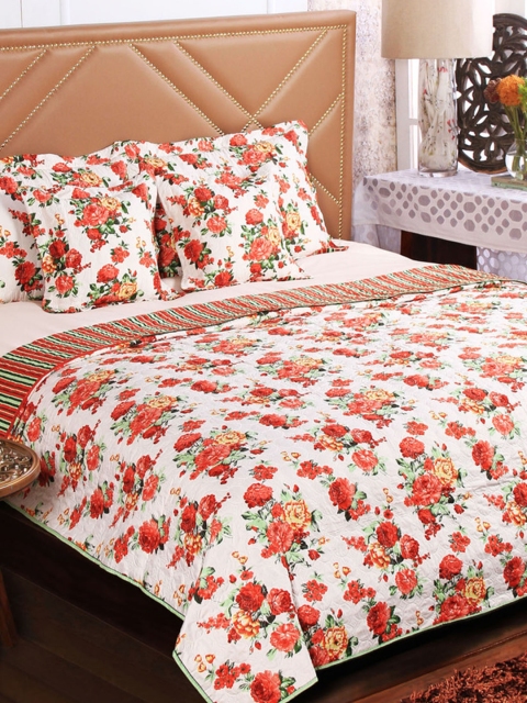 

SWHF White & Red Floral Print Bedding Set