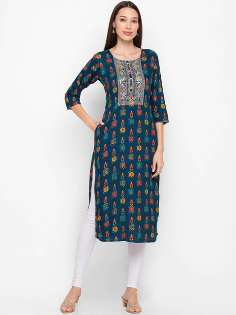 

ZOLA Women Navy Blue & Red Yoke Design Thread Work Kurta