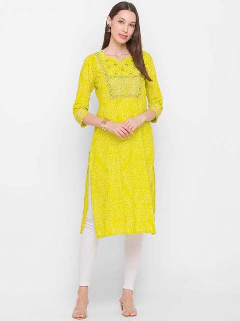 

ZOLA Women Yellow Embroidered Keyhole Neck Flared Sleeves Thread Work Kurta