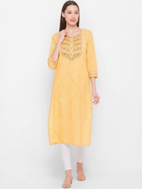 

ZOLA Women Yellow Bandhani Printed Thread Work Cotton Kurta