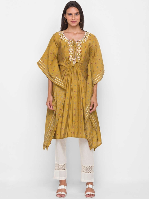 

ZOLA Women Mustard Yellow Flared Sleeves Embroidered Kaftan Kurta