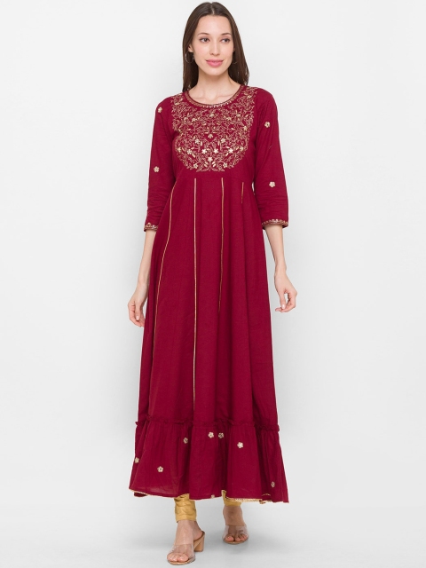 

ZOLA Women Maroon & Gold-Toned Floral Cotton Anarkali Kurta