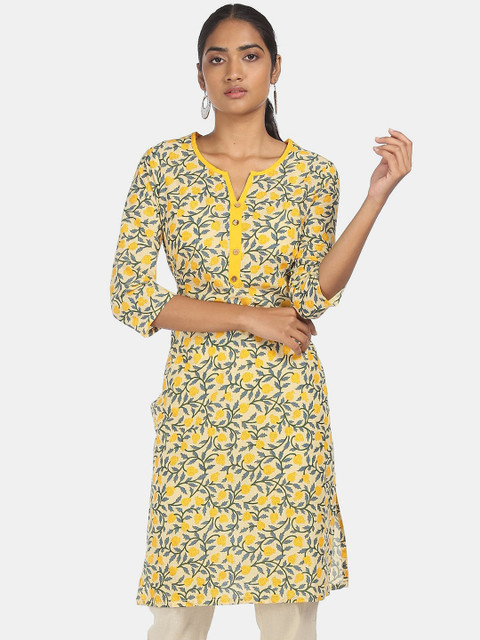 

Karigari Women Yellow & Green Floral Printed Kurta