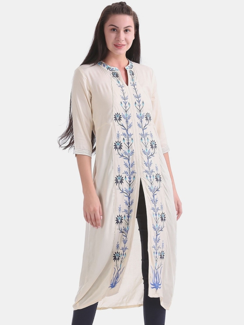 

Karigari Women Off-White Floral Embroidered Thread Work Rayon Kurta