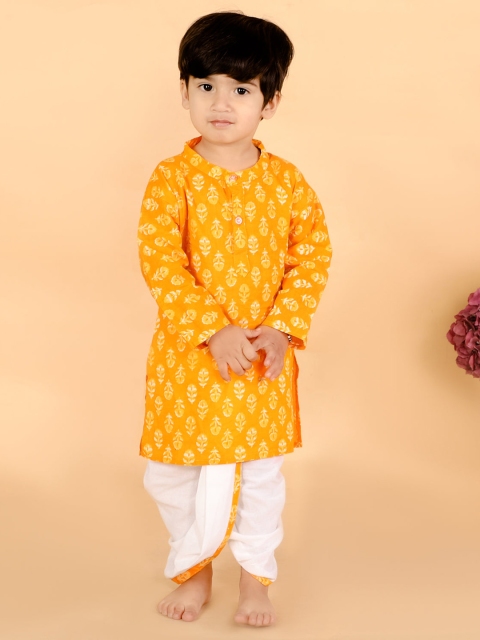 

The Mom Store Boys Yellow Floral Printed Pure Cotton Kurta with Dhoti Pants