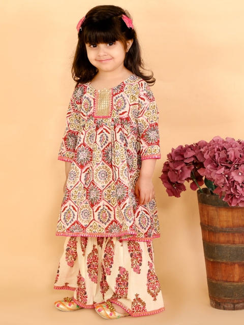 

The Mom Store Girls Beige Printed Pleated Pure Cotton Kurta with Sharara