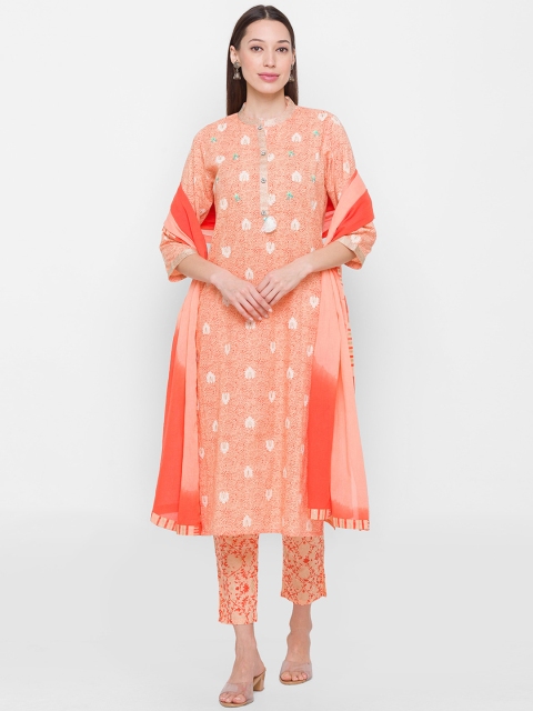 

ZOLA Women Peach-Coloured & White Floral Printed Pure Cotton Kurta with Trousers & Dupatta