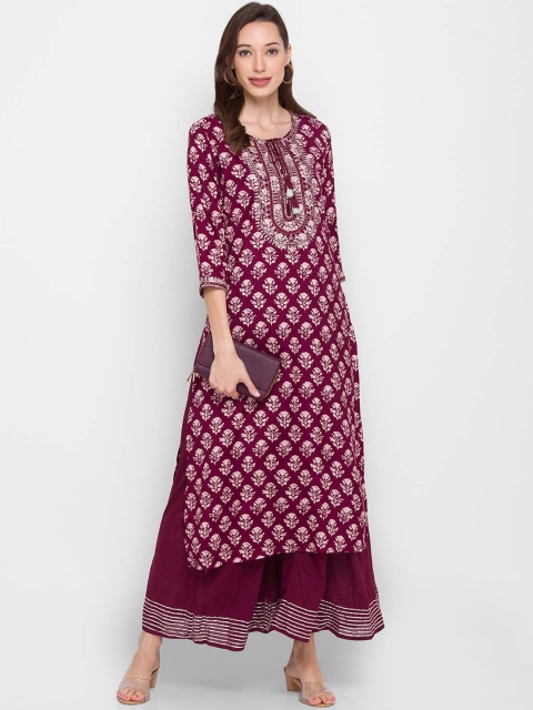 

ZOLA Women Burgundy Ethnic Motifs Printed Kurta with Palazzos