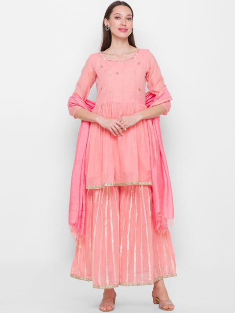 

ZOLA Women Pink & Golden Pleated BKurti with Sharara & Dupatta