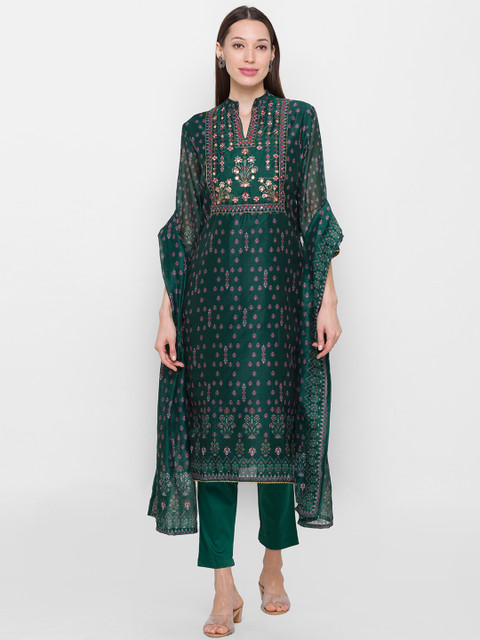 

ZOLA Women Green & Pink Floral Printed Kurta with Trousers & Dupatta
