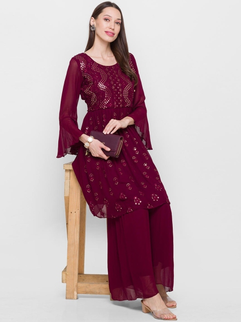 

ZOLA Women Purple Ethnic Motifs Embroidered Mirror Work Kurti with Sharara