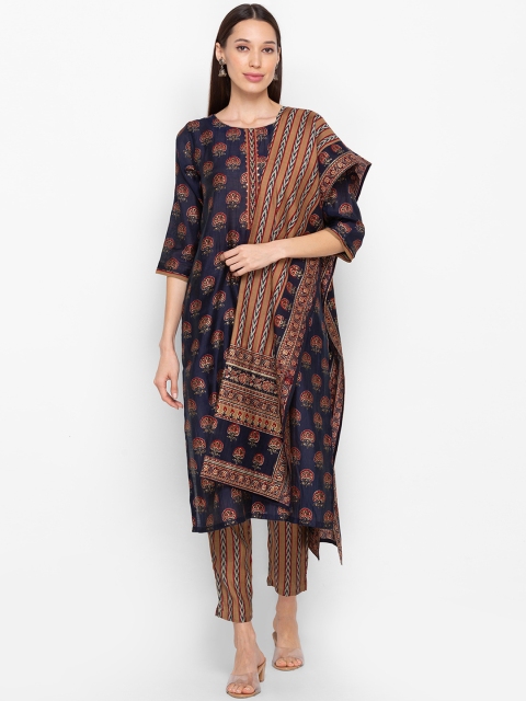 

ZOLA Women Navy Blue Ethnic Motifs Printed Beads and Stones Kurta with Trousers & With Dupatta