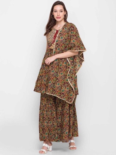 

ZOLA Women Red & Navy Blue Floral Printed Pure Cotton Kurti with Trousers & Dupatta