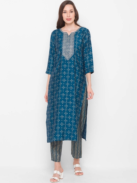 

ZOLA Women Blue Ethnic Motifs Printed Kurta with Churidar