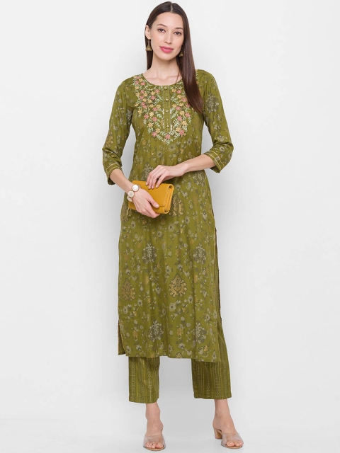 

ZOLA Women Olive Green Floral Printed & Embroidered Kurta with Trousers