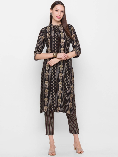 

ZOLA Women Black Floral Embroidered Beads and Stones Kurta with Trousers