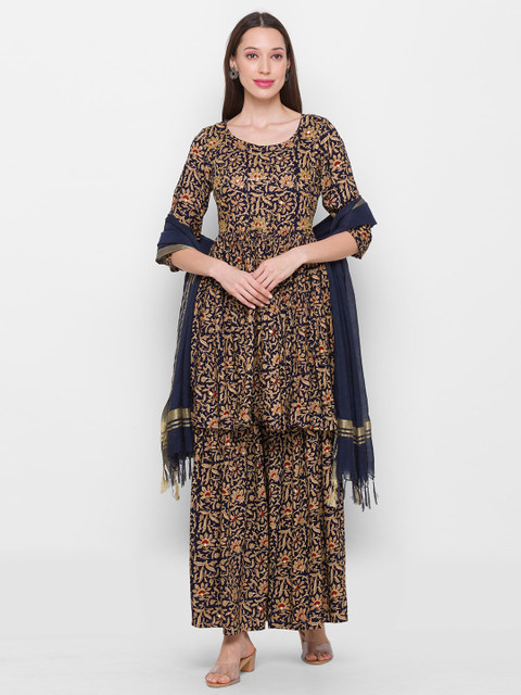 

ZOLA Women Navy Blue & Beige Floral Printed Pleated Kurta with Sharara & Dupatta