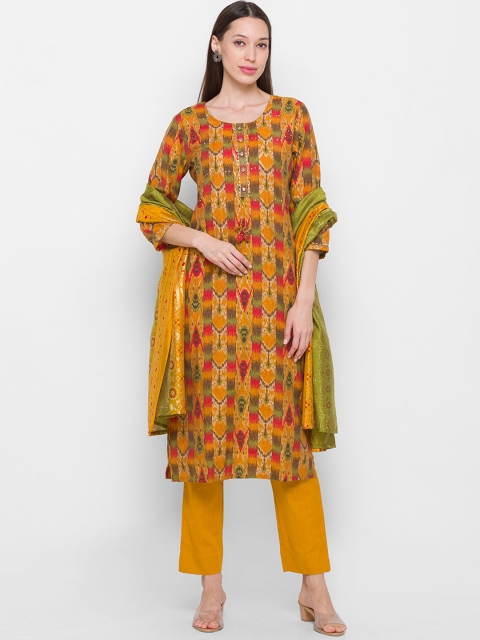 

ZOLA Women Mustard Yellow Ethnic Motifs Printed Kurta with Trousers & Dupatta