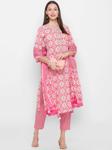

ZOLA Women Peach-Coloured Floral Striped Pure Cotton Kurta with Salwar & With Dupatta