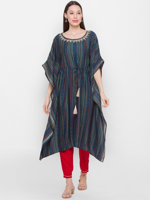

ZOLA Women Grey Striped Kaftan Kurta with trousers