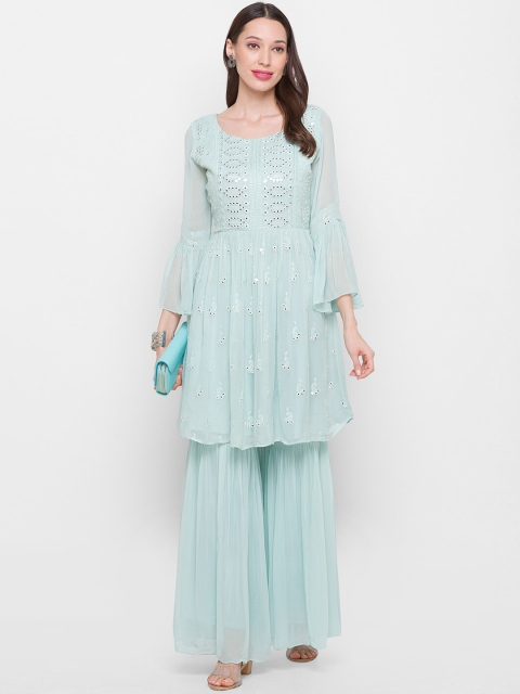 

ZOLA Women Pastel Green Embroidered Pleated Mirror Work Kurta with Sharara