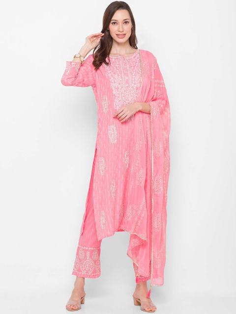 

ZOLA Women Pink Ethnic Motifs Embroidered Layered Thread Work Kurta with Palazzos & With Dupatta