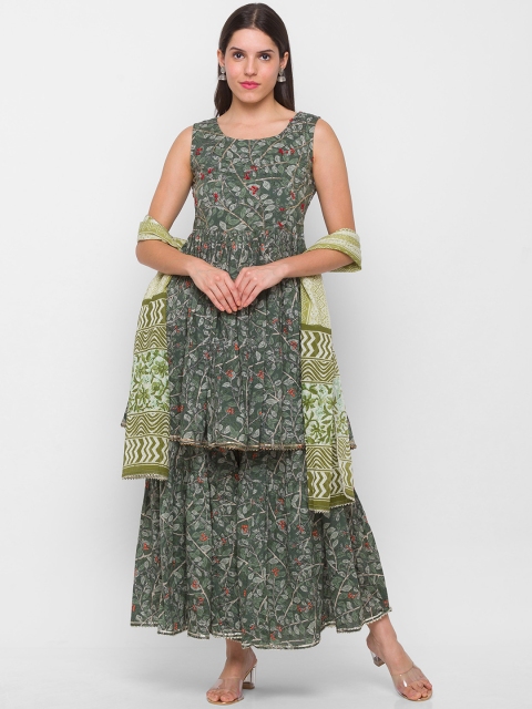 

ZOLA Women Olive Green Floral Printed Pure Cotton Kurti with Sharara & With Dupatta