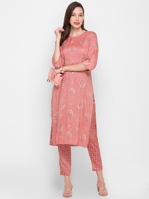 

ZOLA Women Pink Ethnic Motifs Printed Mirror Work Kurta with Trousers