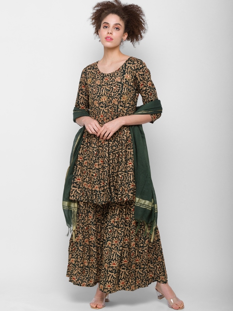 

ZOLA Women Green Floral Printed & Embellished Kurta with Sharara & Dupatta