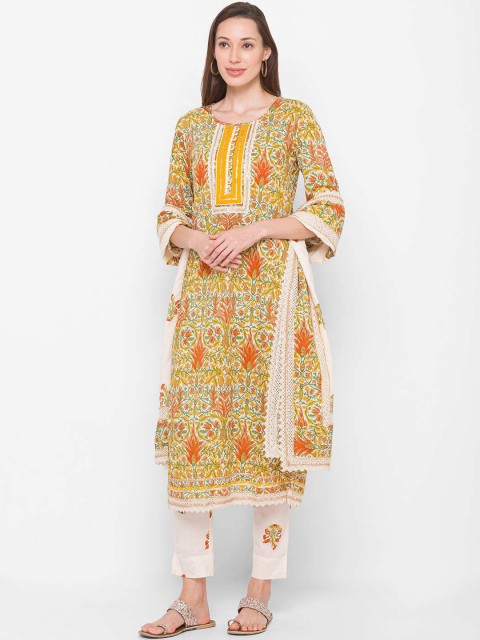 

ZOLA Women Beige & White Floral Printed Pure Cotton Kurta with Trousers & With Dupatta