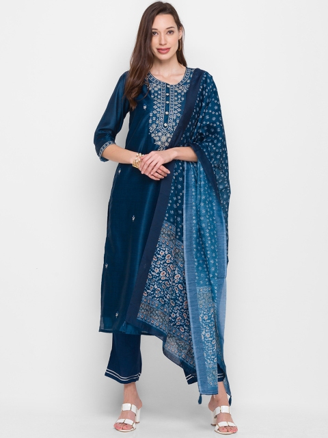 

ZOLA Women Navy Blue Embroidered Kurta with Trousers & Dupatta