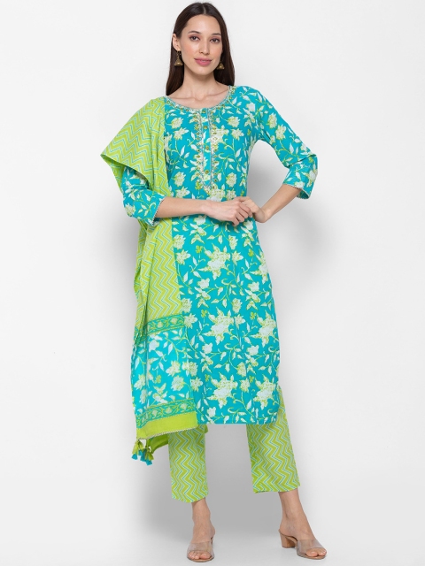 

ZOLA Women Turquoise Blue Floral Mirror Work Pure Cotton Kurta with Trousers With Dupatta